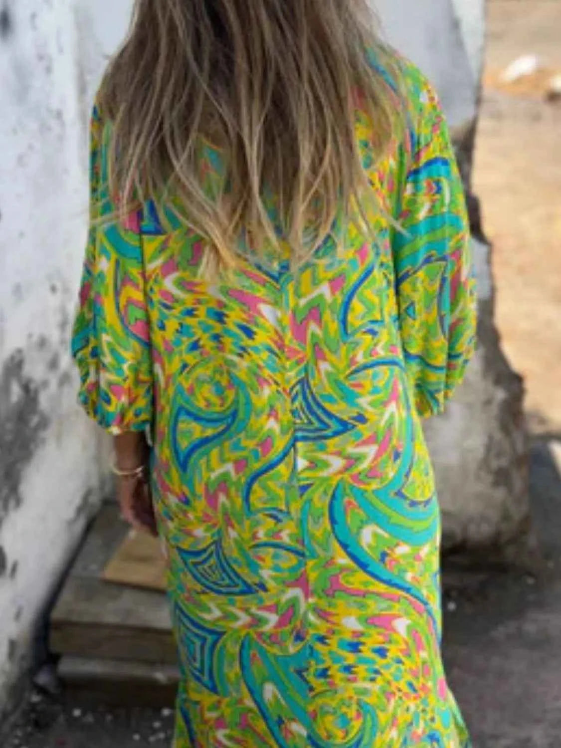 Full Size Printed V-Neck Dress with Pockets Plus Size