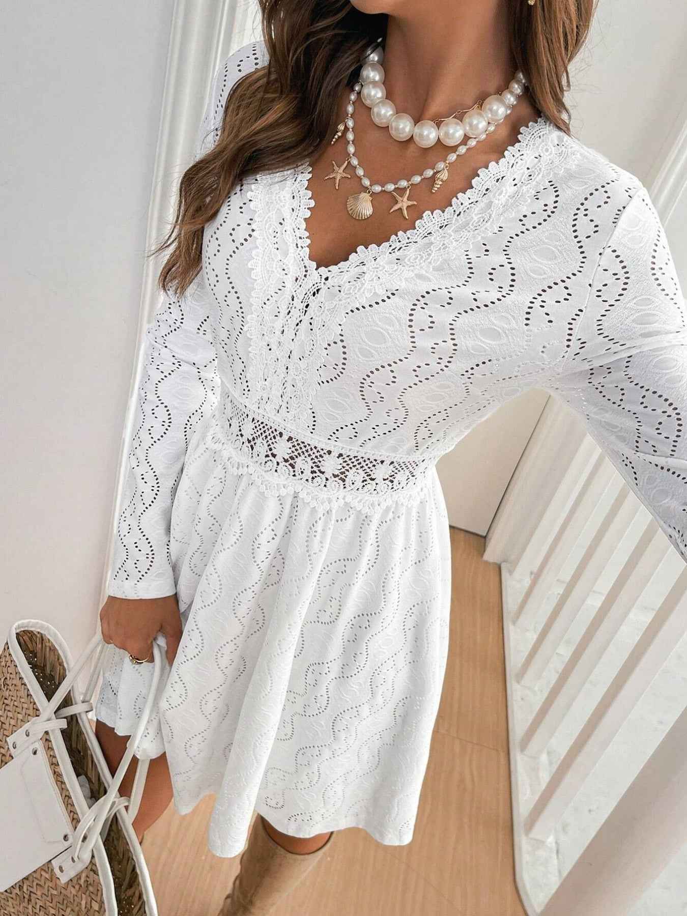 Lace Openwork Long Sleeve V-Neck Dress