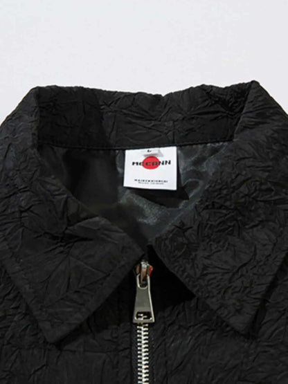 Textured Bomber Collared Neck Zip Up Jacket