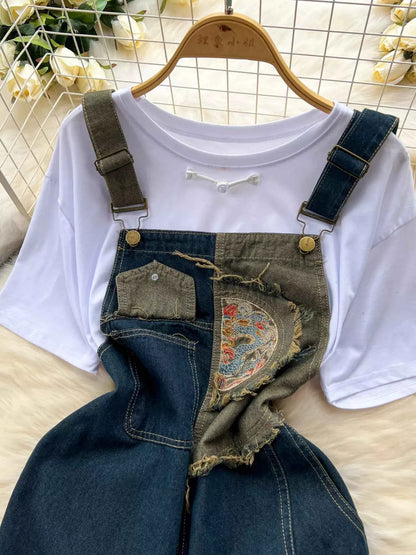 Short Sleeve T-Shirt and Denim Overall Dress Set