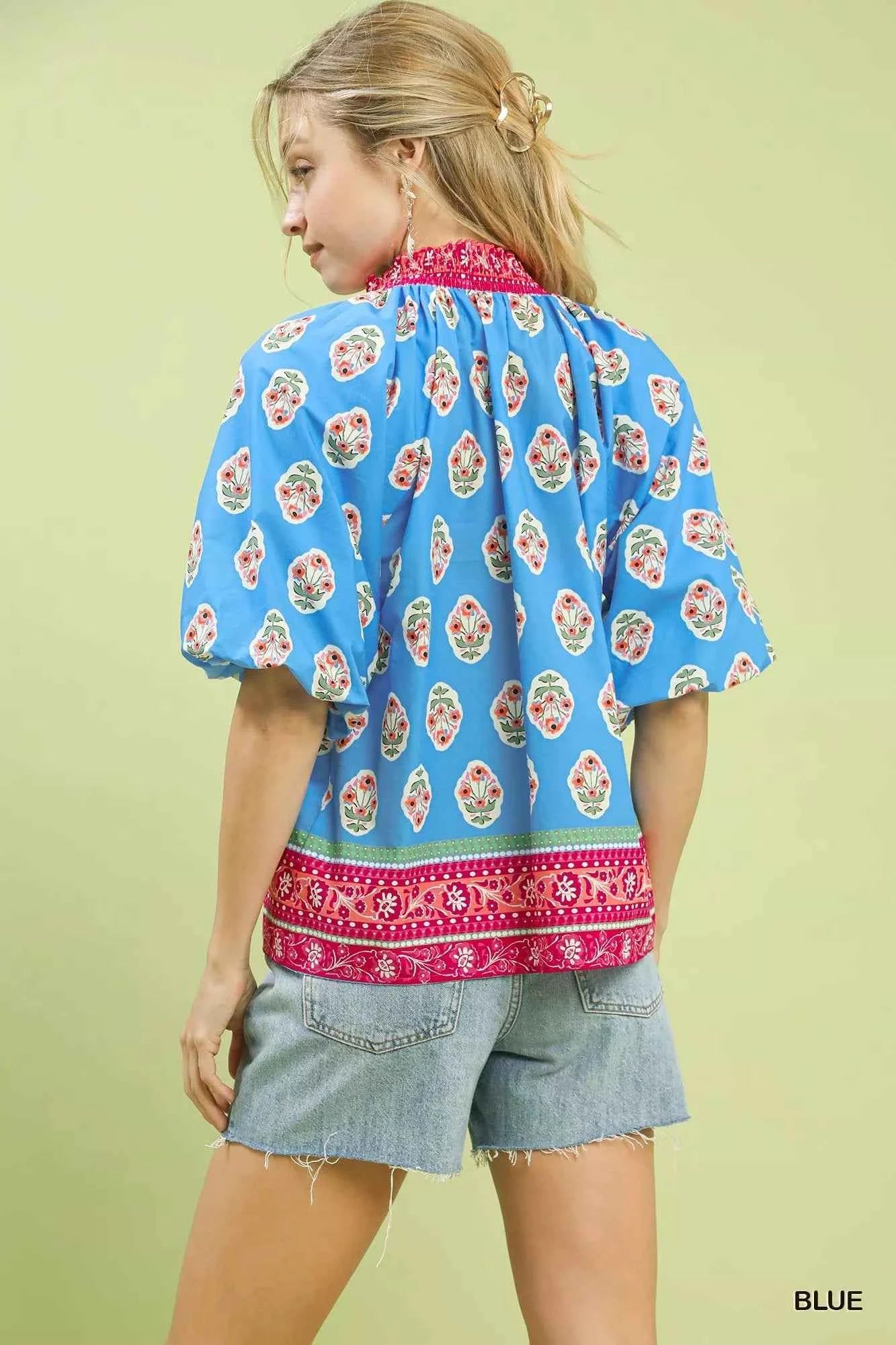 Umgee Boho Border Print Peasant Top