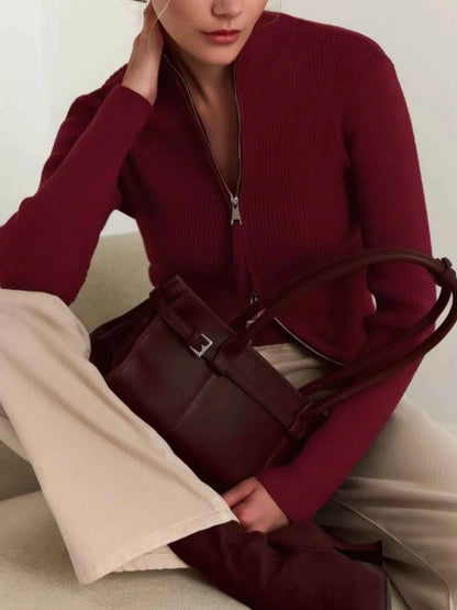 Ribbed Knit Zip-Up Cardigan