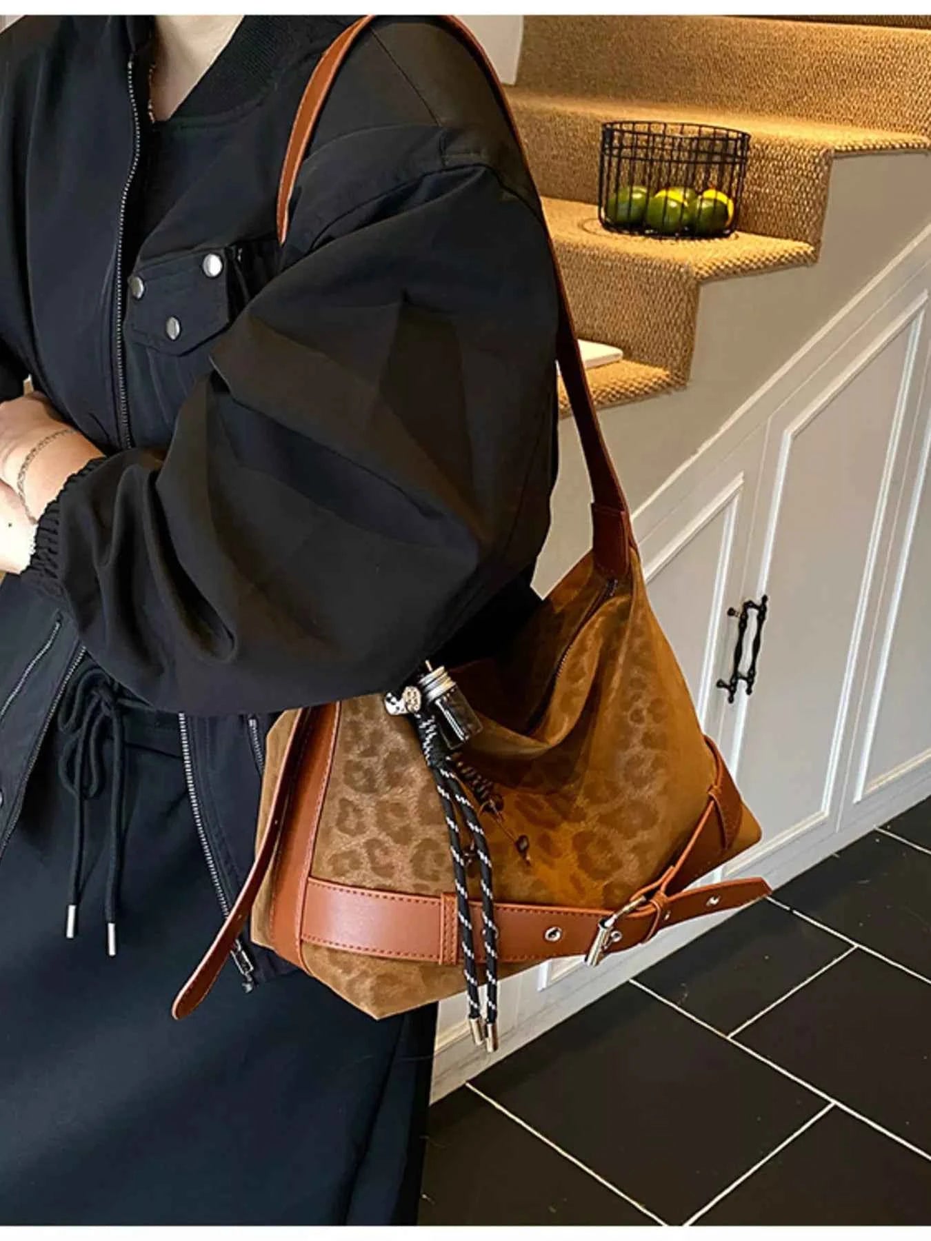 Leopard Print Suede Crossbody Bag
