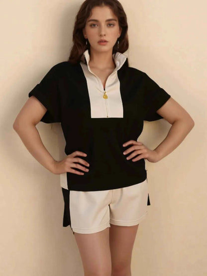 Color Block Half Zip Top and Shorts Two-Piece Set