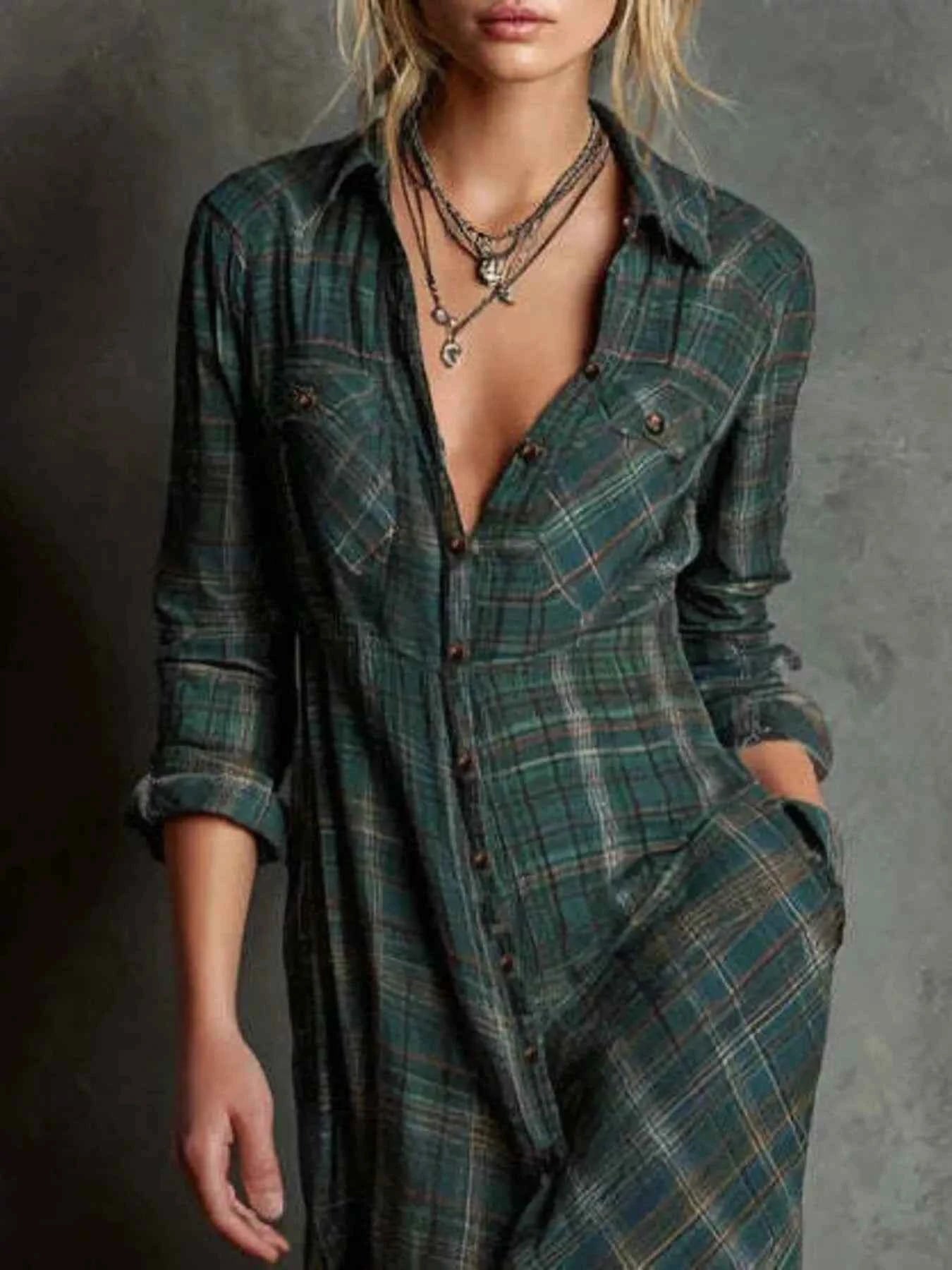Plaid Button Front Maxi Shirt Dress
