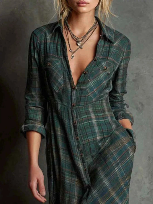 Plaid Button Front Maxi Shirt Dress