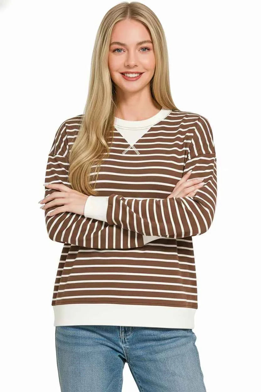 Zenana Contrast Striped Round Neck Sweatshirt