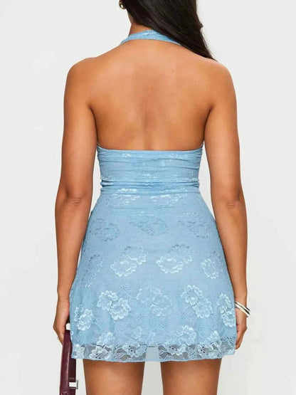 Floral Lace Halter Deep V-Neck Bodycon Dress