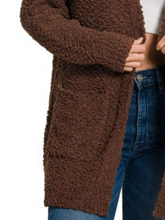 Zenana Long Sleeve Popcorn Sweater Cardigan with Pockets