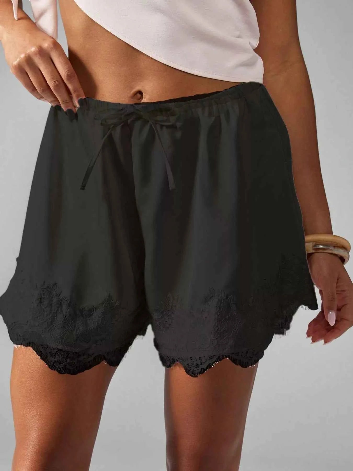 Lace Trim Drawstring Casual Shorts