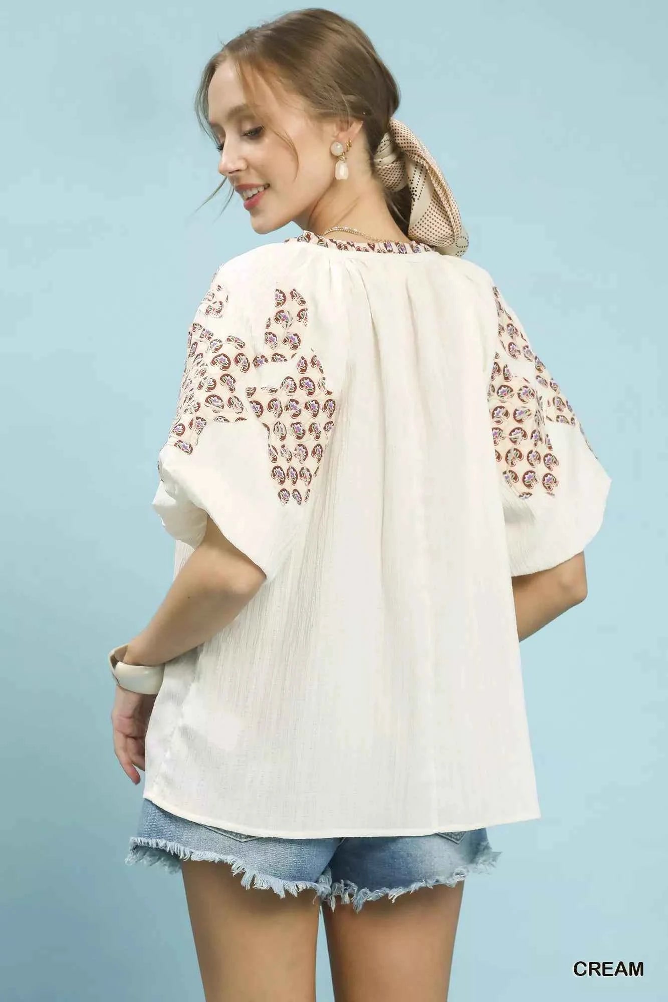 Umgee Embroidered Sleeve Contrast Trim Top