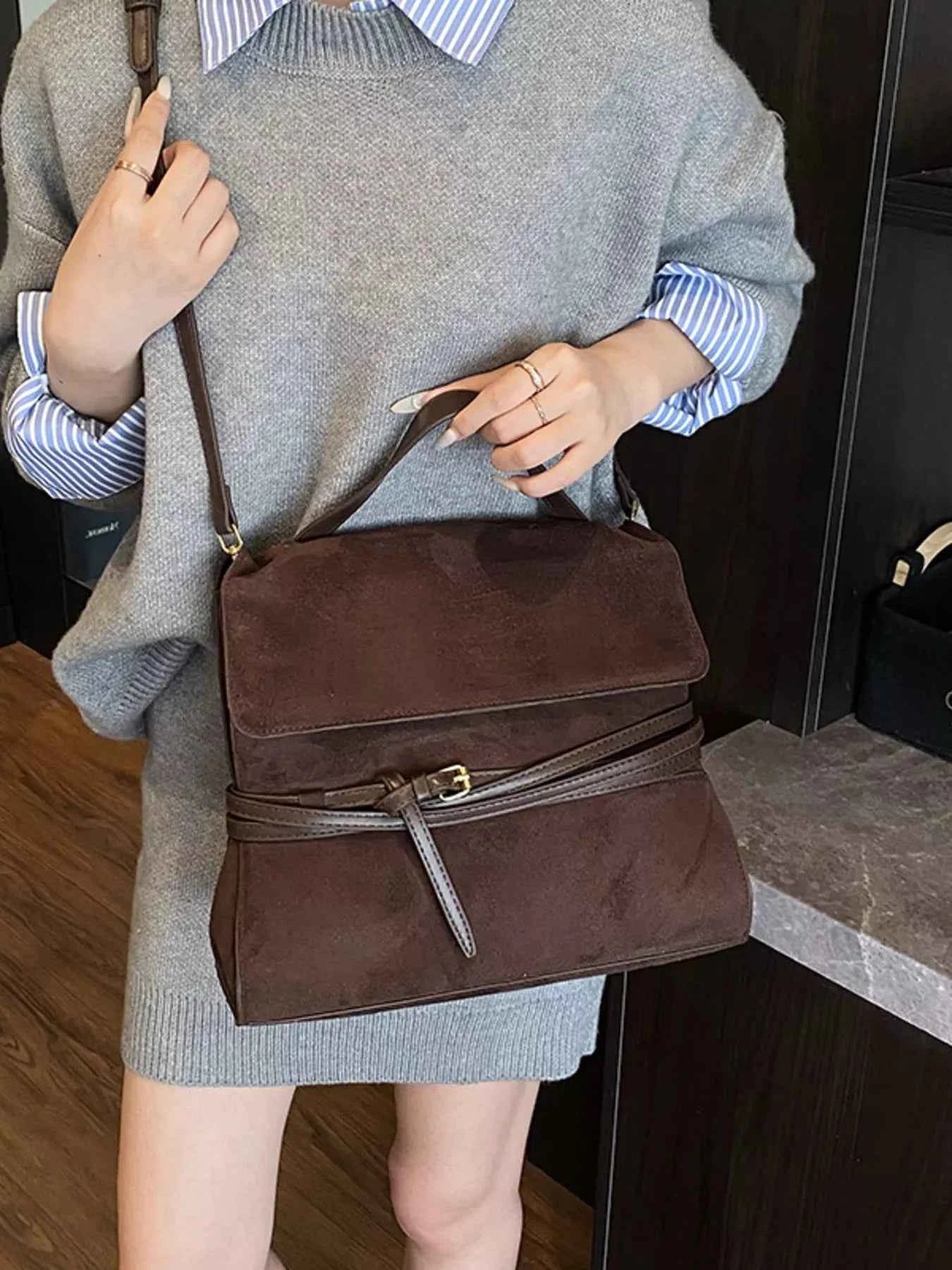 Suede Leather Belt Decor Backpack Bag