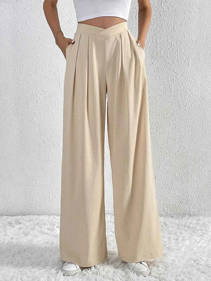 V-Waisted Ruched Front Wide Leg Pants