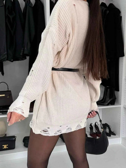 Distressed Round Neck Drop Shoulder Sweater Dress