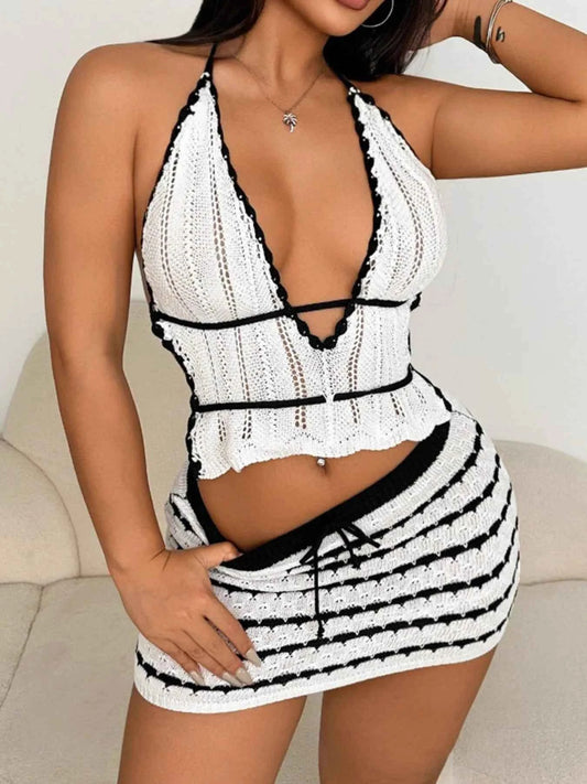 Openwork Halter Neck Cami and Skirt Sweater Set