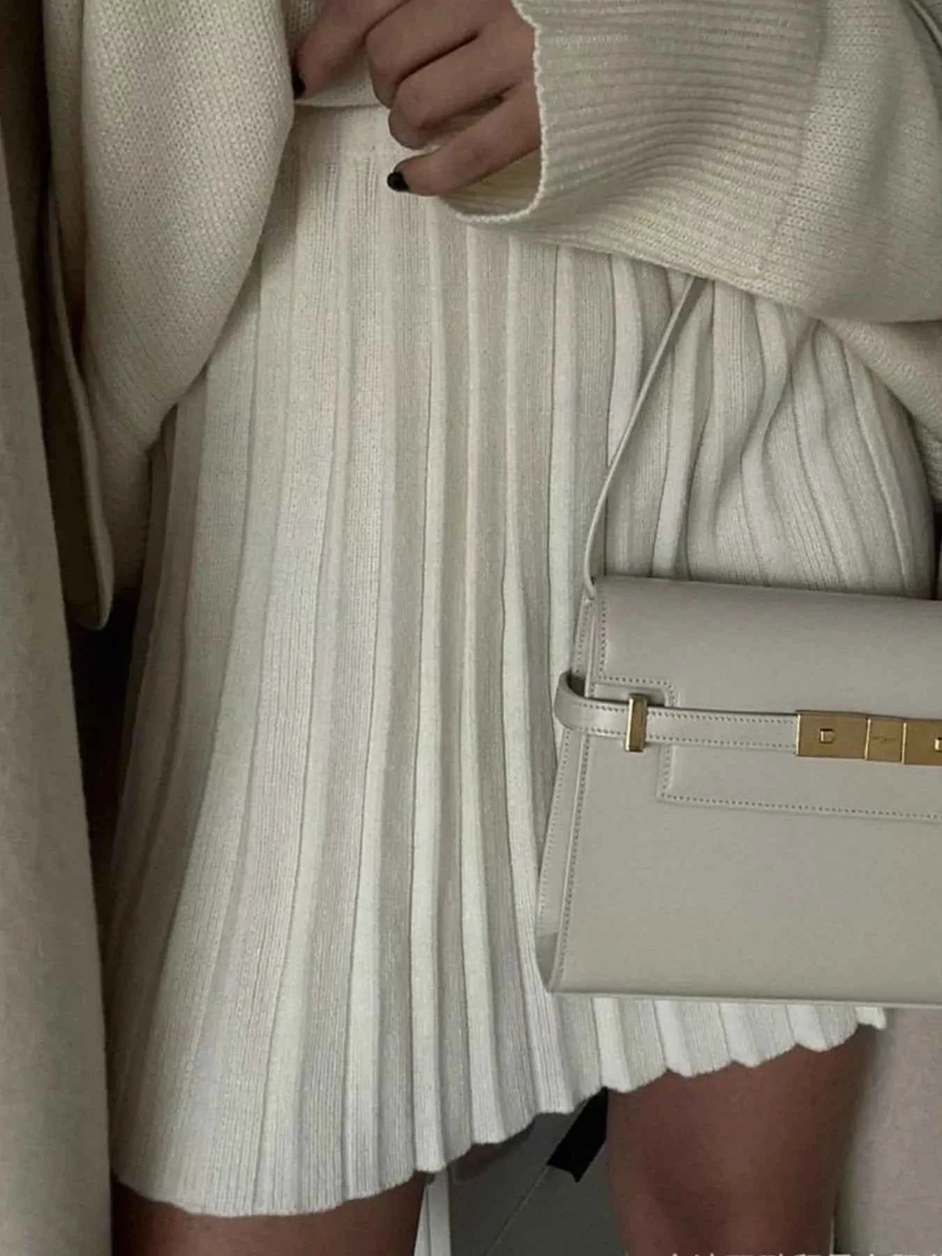 Round Neck Top and Pleated Skirt Sweater Set