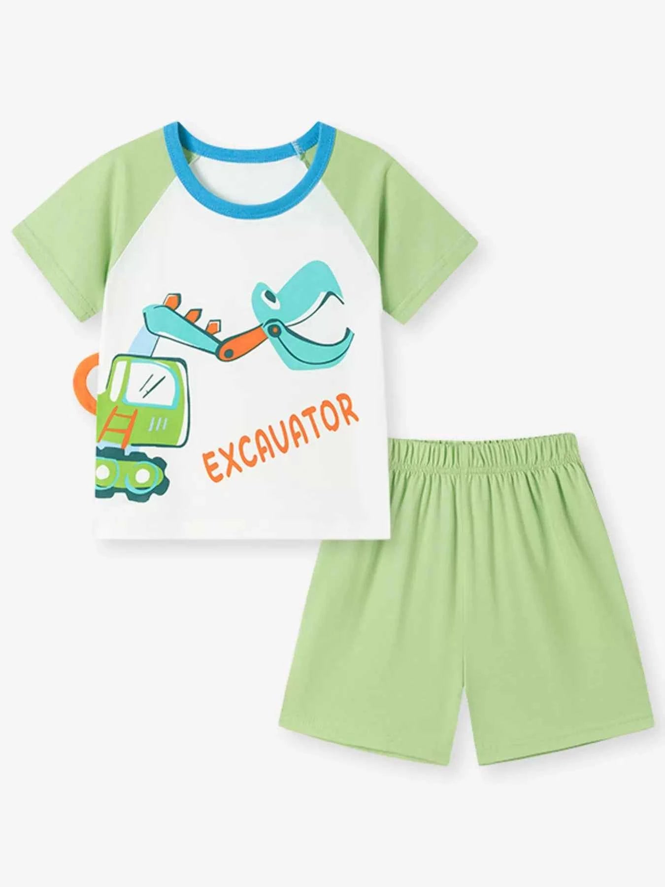 Children's Excavator Round Neck Top and Shorts Set