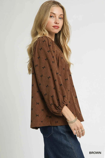 Umgee Corduroy Bow Print Balloon Sleeve Blouse