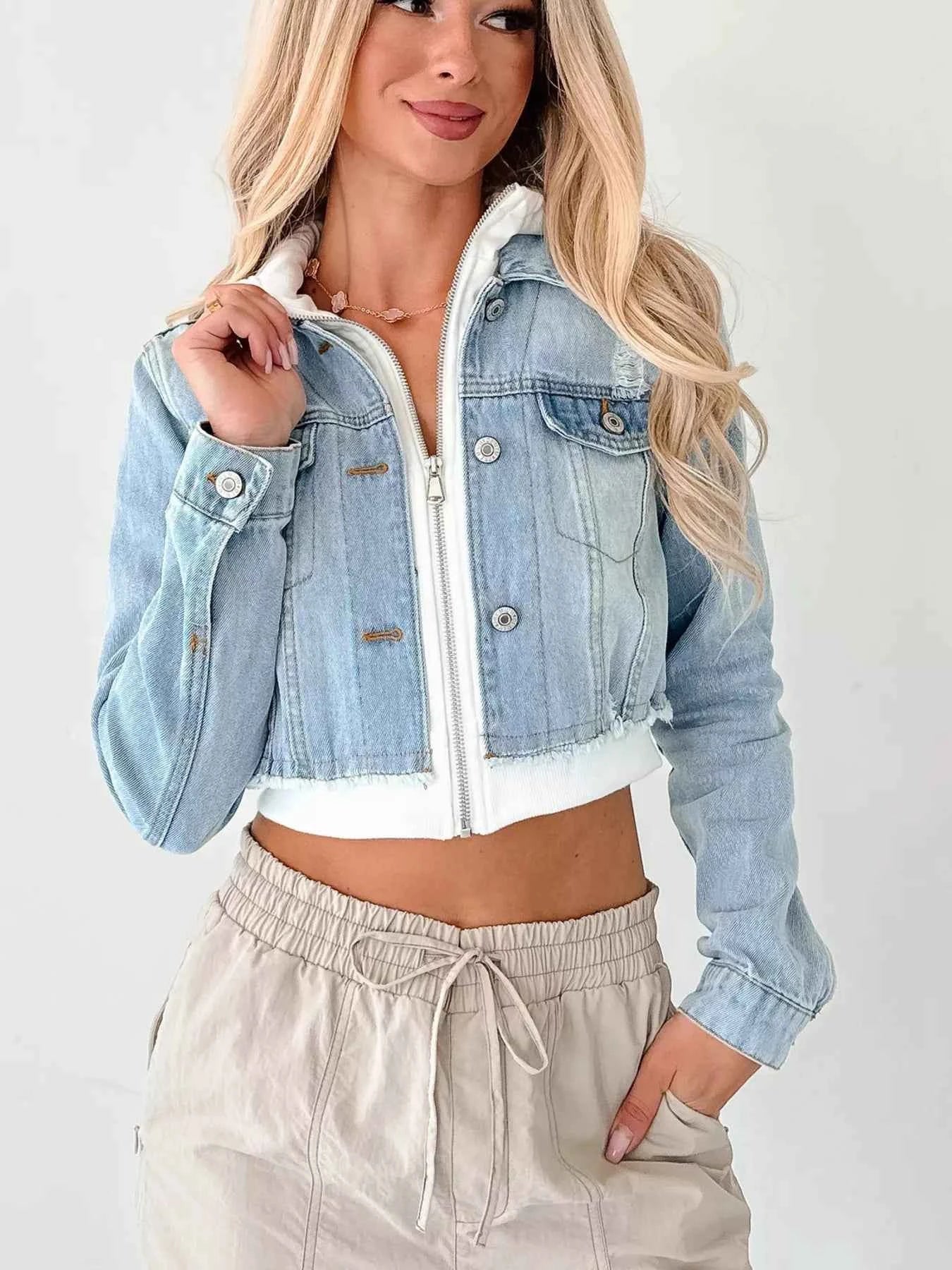 Distressed Zip Up Cropped Hooded Denim Jacket