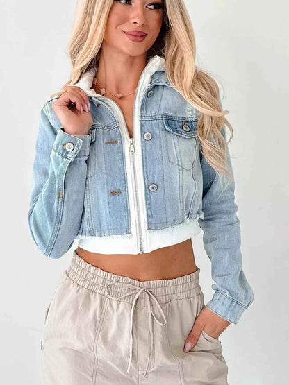 Distressed Zip Up Cropped Hooded Denim Jacket
