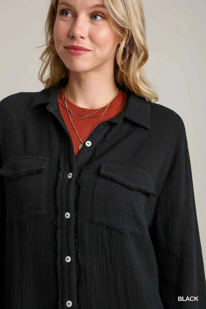 Umgee Cotton Gauze Button Down Shirt Dress