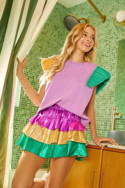 BiBi Mardigras Theme Frayed Edge Ruffled Top