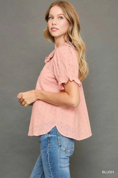 Peter Pan Collared Button Down Textured Shirt with Ruffled Detail