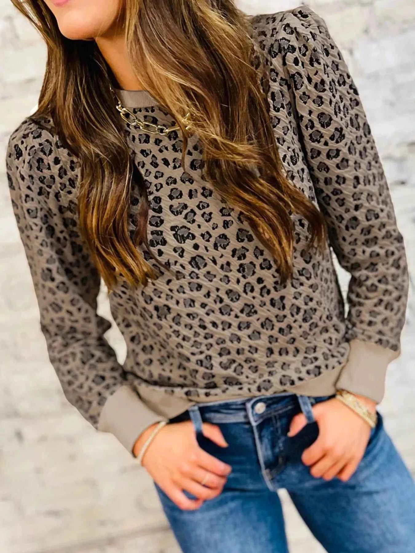Ribbed Trim Leopard Print Long Sleeve Top