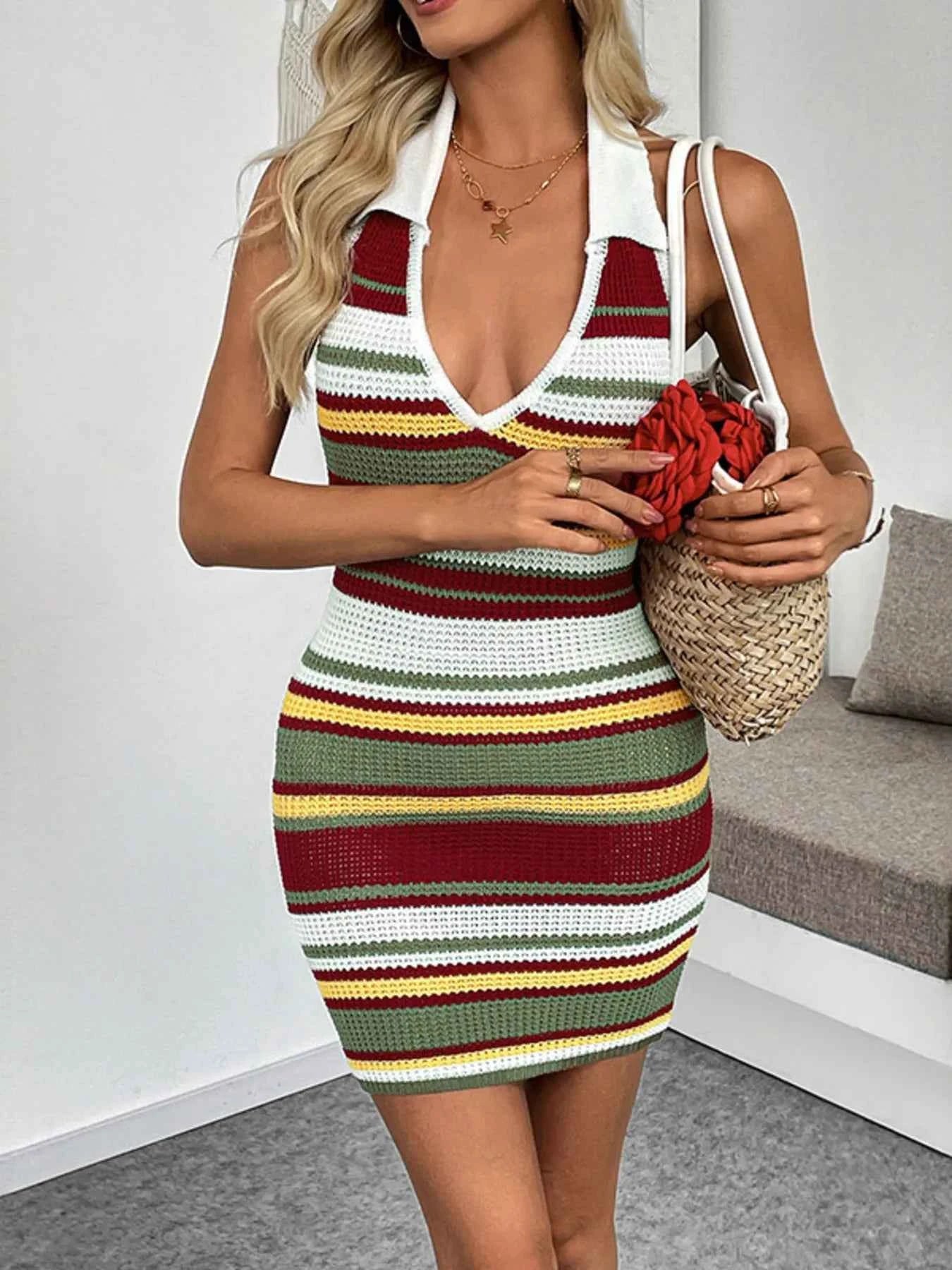 Multi-Color Striped Halter Neck Knit Sweater Dress