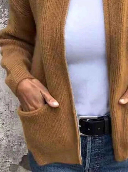 Full Size Zip Up Ribbed Knit Cardigan with Front Pockets Plus Size