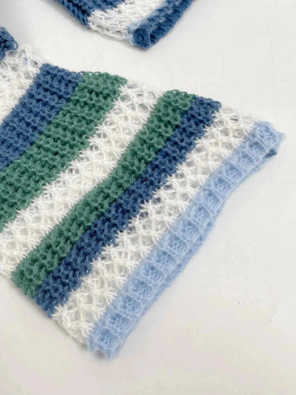 Openwork Striped Color Block Crop Sweater