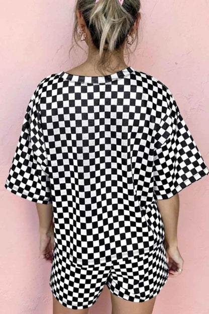 Checkered Round Neck Top and Shorts Set
