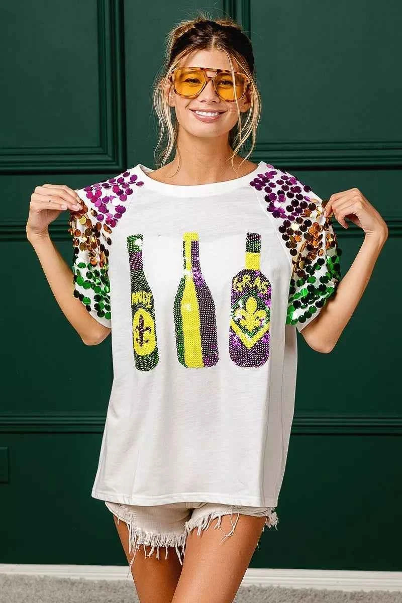 BiBi Sequin Mardi Gras Bottles Spangled Sleeve Top