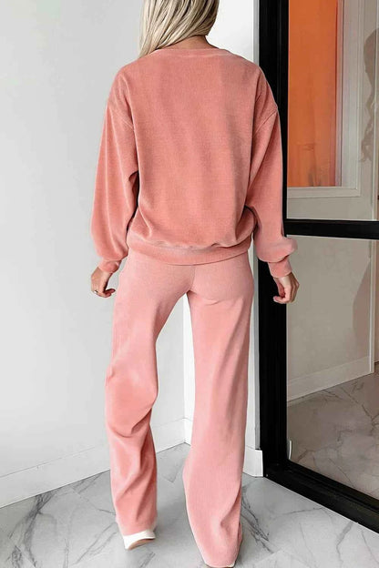 Ribbed Round Neck Top and Pants Set