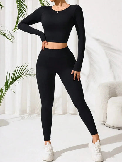 Lace-Up Back Round Neck Top and Leggings Active Set