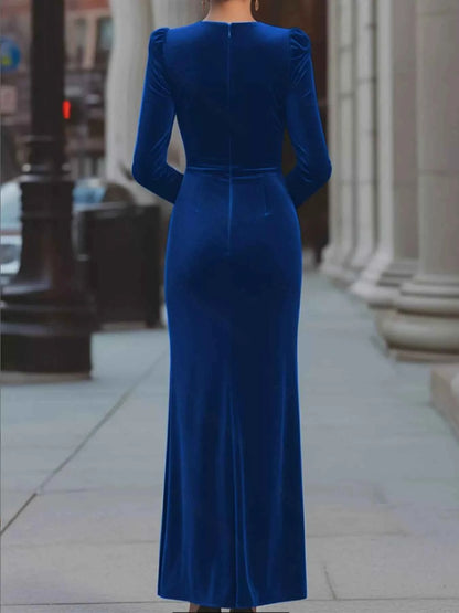 Velvet Ruched Slit Maxi Dress