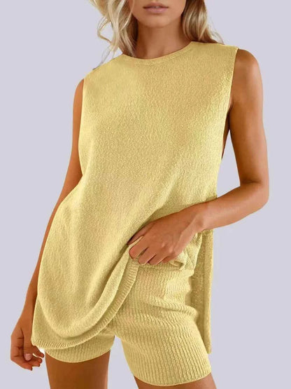 Side Slit Round Neck Tank and Ribbed Shorts Sweater Set