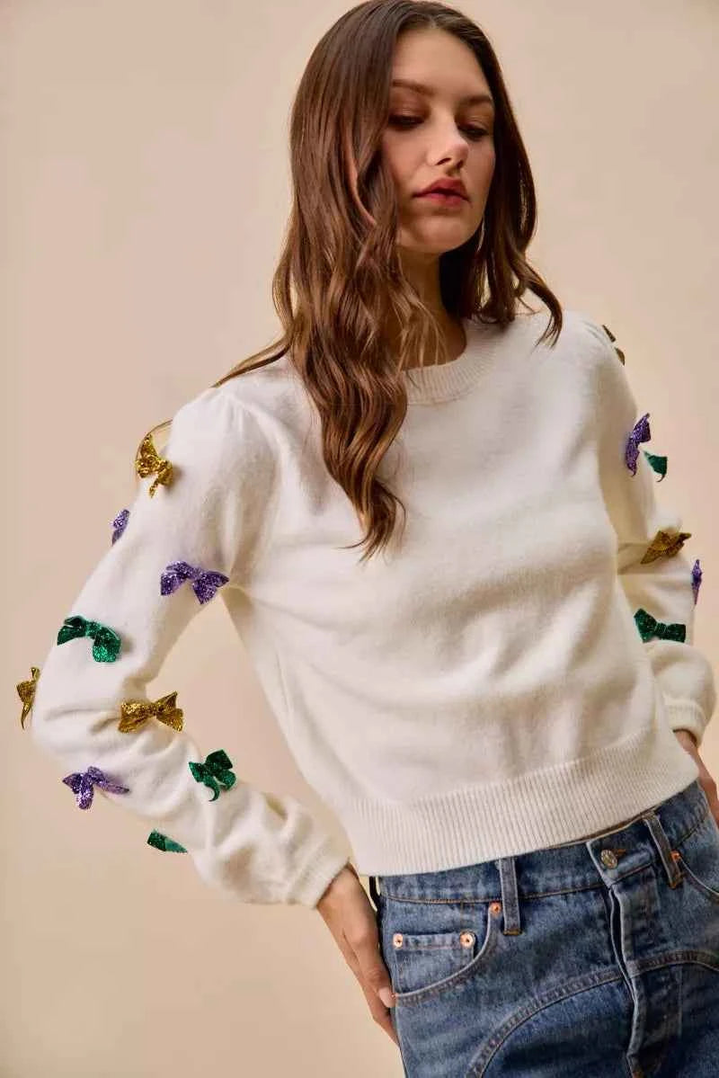 SO ME Mardi Gras Glitter Bow Ribbon Sweater Knit Top