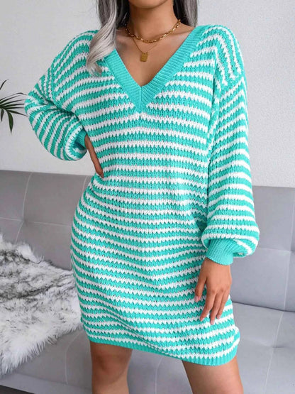 Striped V-Neck Long Sleeve Sweater Dress