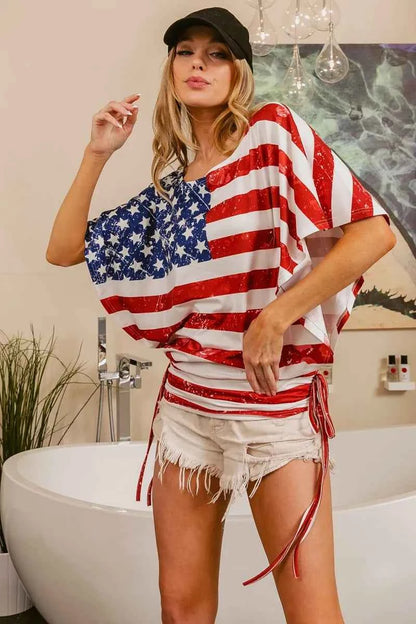 BiBi American Flag Printed Side Ruched Details Knit Top