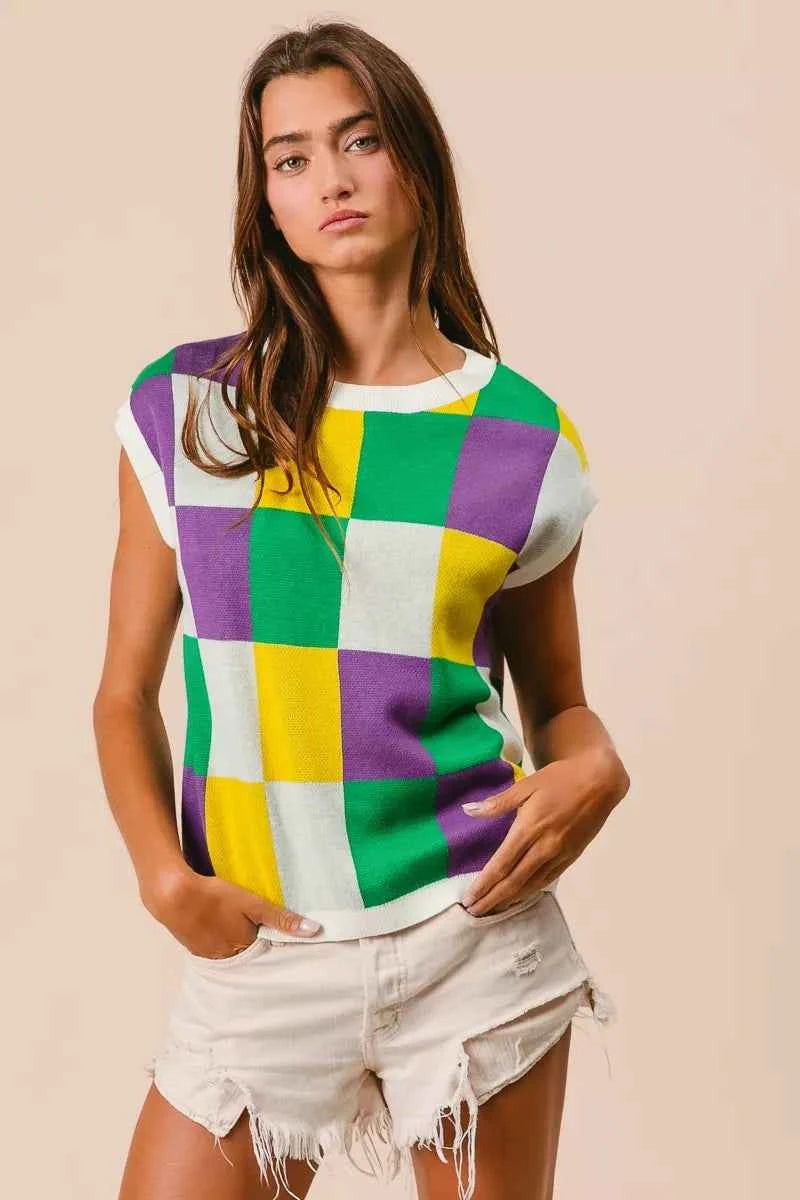 BiBi Mardi Gras Checker Pattern Sleeveless Sweater Top