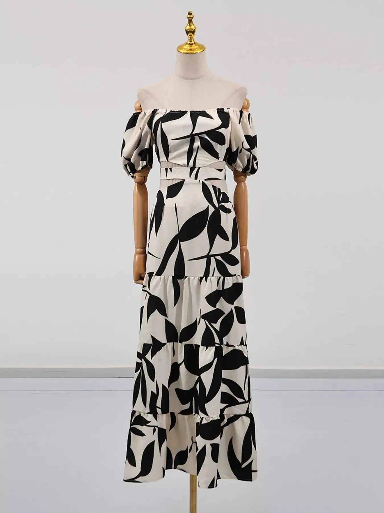 Off-Shoulder Cutout Leaf Print Maxi Dress
