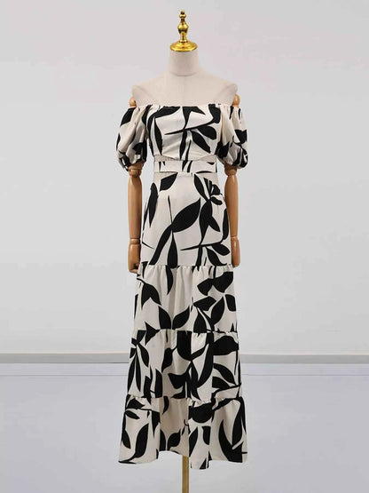 Off-Shoulder Cutout Leaf Print Maxi Dress