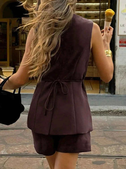 Button Front V-Neck Top and Shorts Set