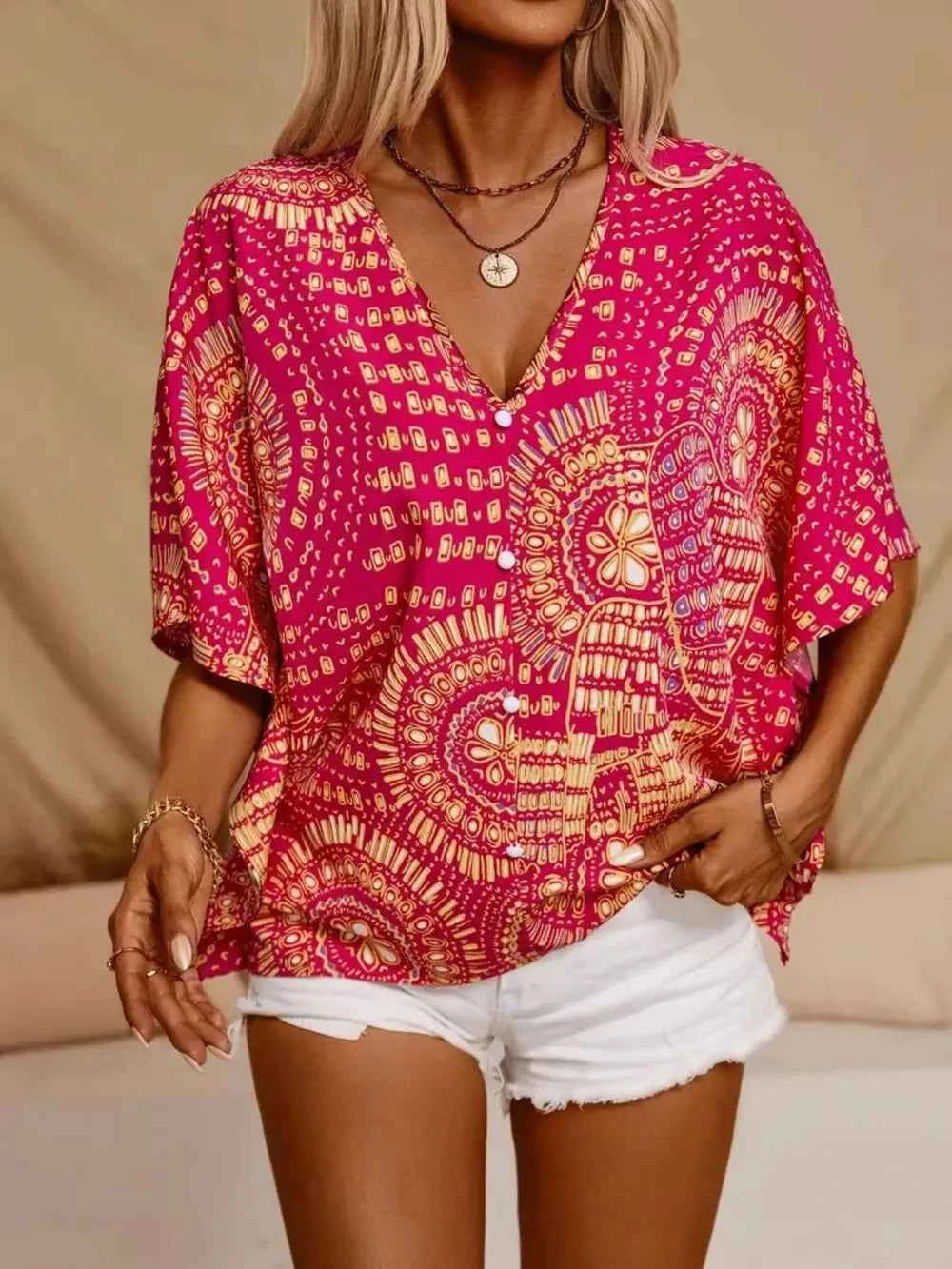 Printed V-Neck Half Sleeve Top