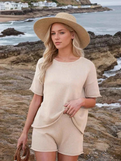 Round Neck Short Sleeve Top and Shorts Sweater Set