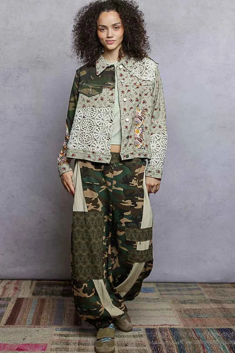 POL Floral Printed French Terry Jacket with Crochet Contrast