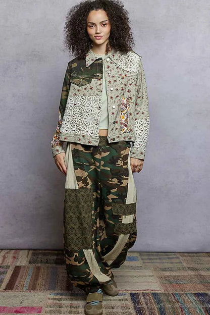 POL Floral Printed French Terry Jacket with Crochet Contrast