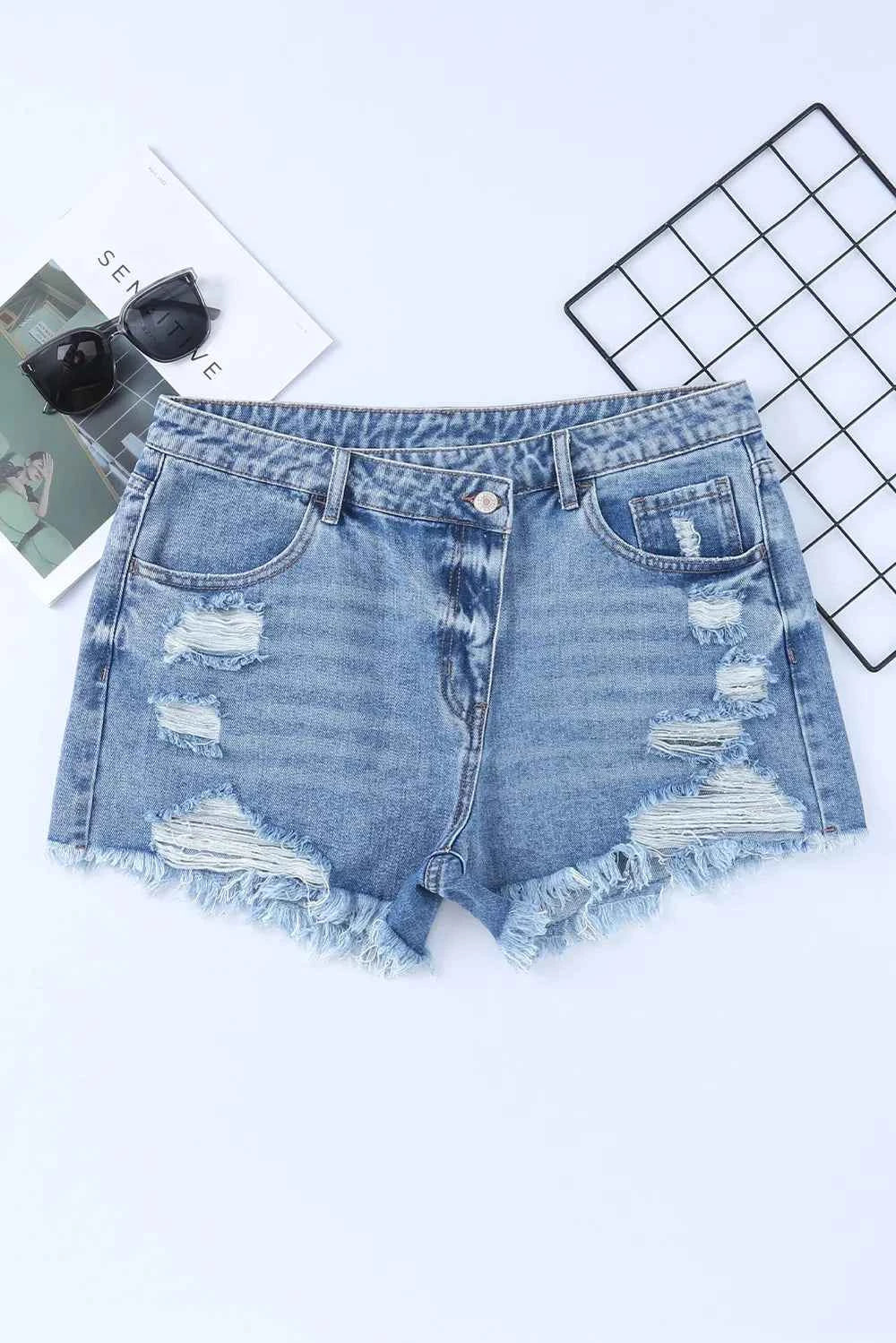 High Rise Crossover Waist Denim Shorts