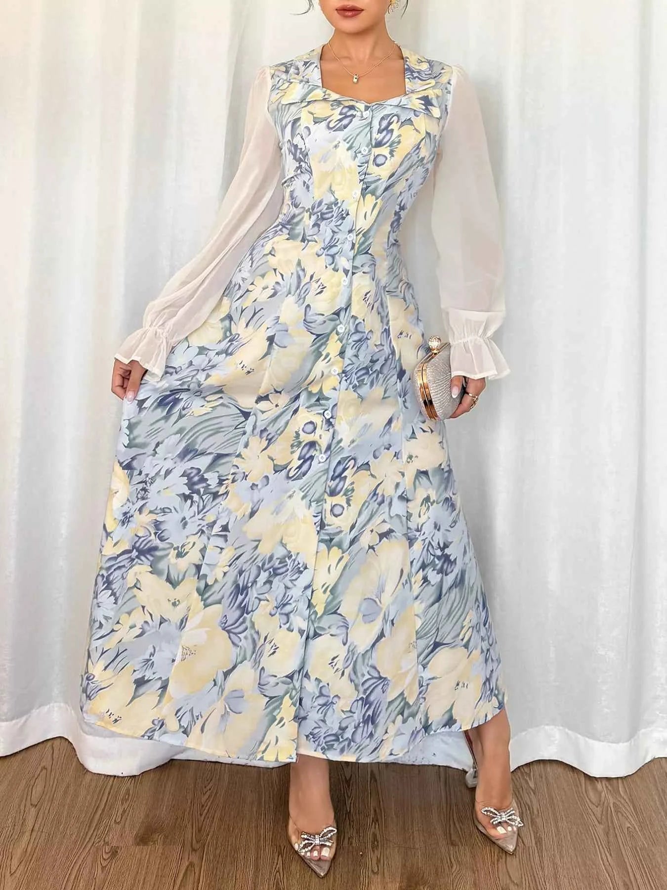 Floral Print Sheer Flounce Sleeves Dress